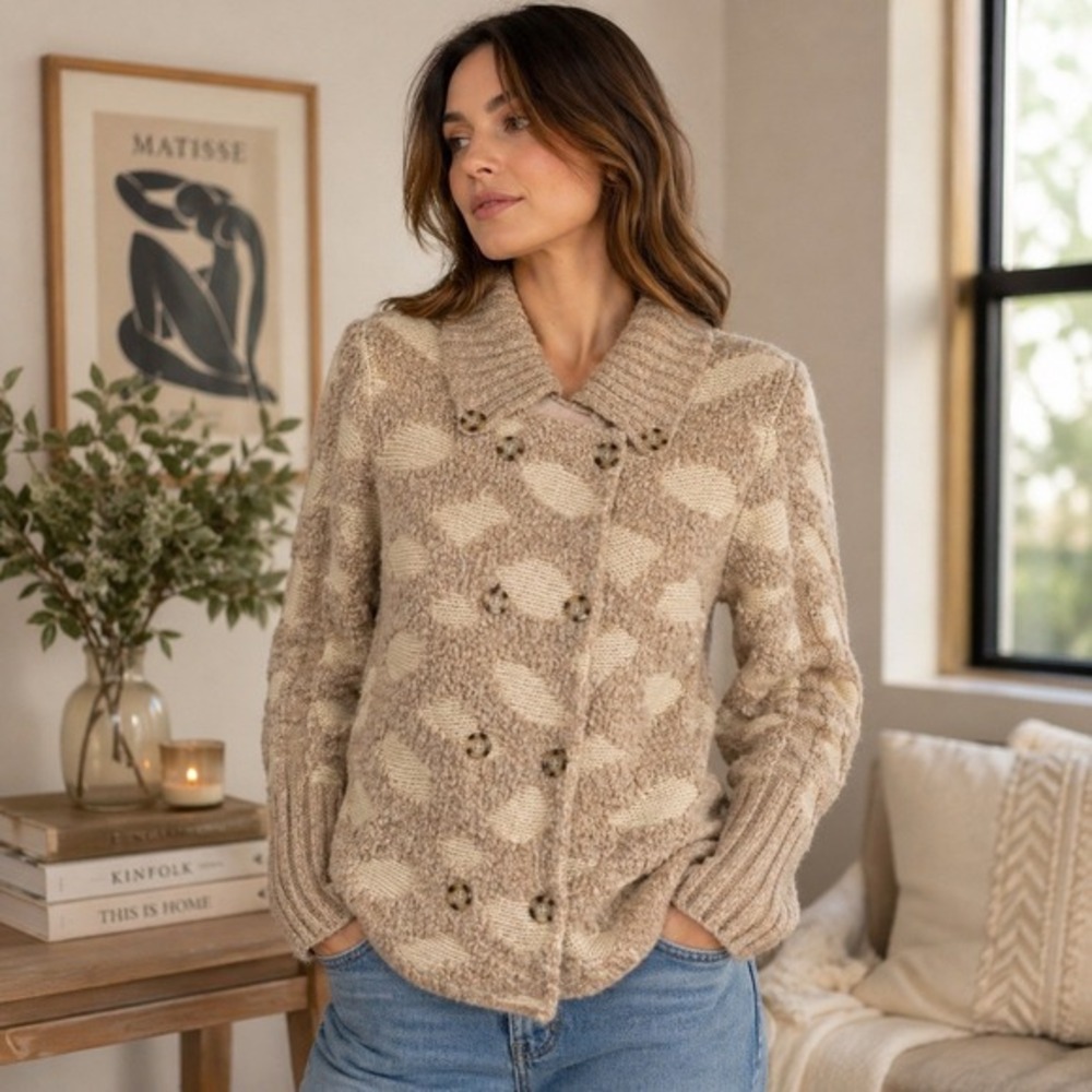 Rosie Neira Wool Blend Chunky Knit‎ Cardigan Sweater Beige Women's Small